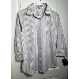 Foxcroft White W/ Mixed Stripe Womens Size 10 Wrinkle Free Shaped Fit 3/4 Sleeve